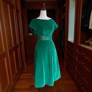 Vtg 1950s Kay Selig Emerald Green Velvet Evening Tea Length Dress Satin Bow Back